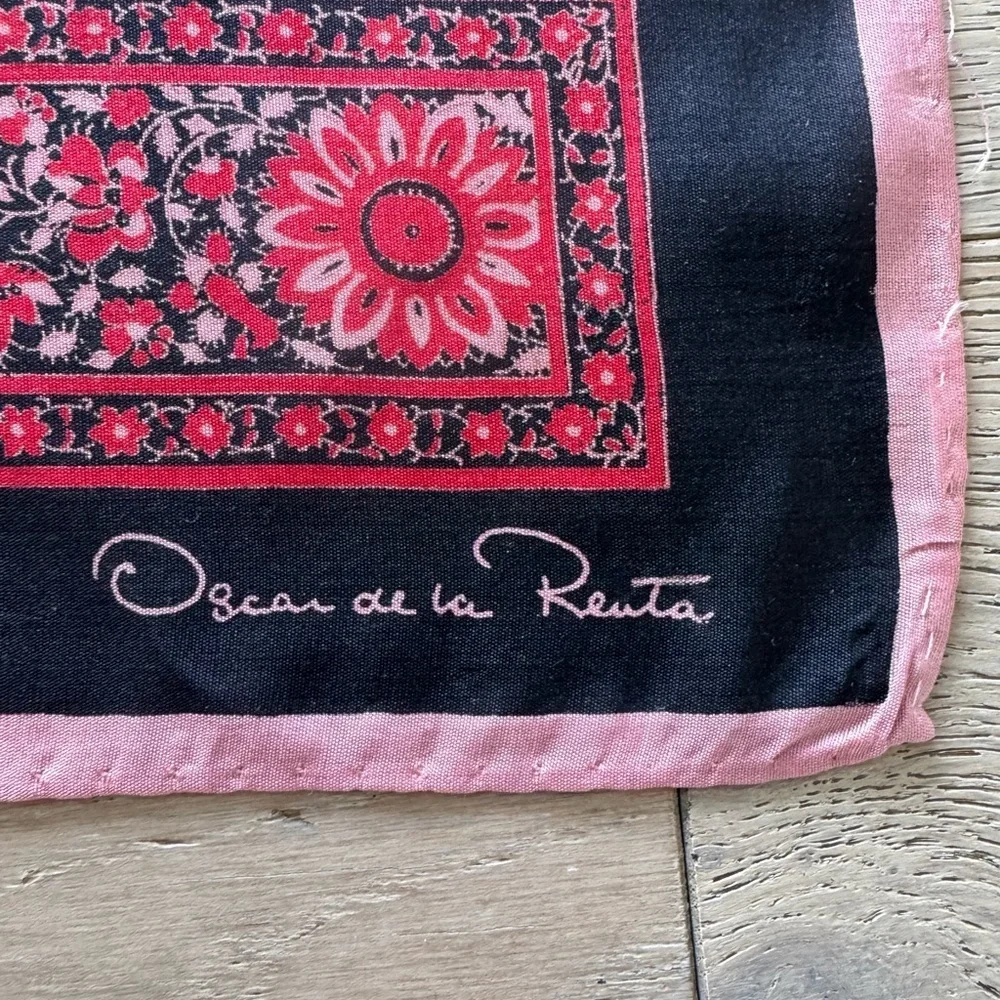 Vintage Oscar de la Renta Silk Scarf - Black & Fuchsia Paisley Floral Motif